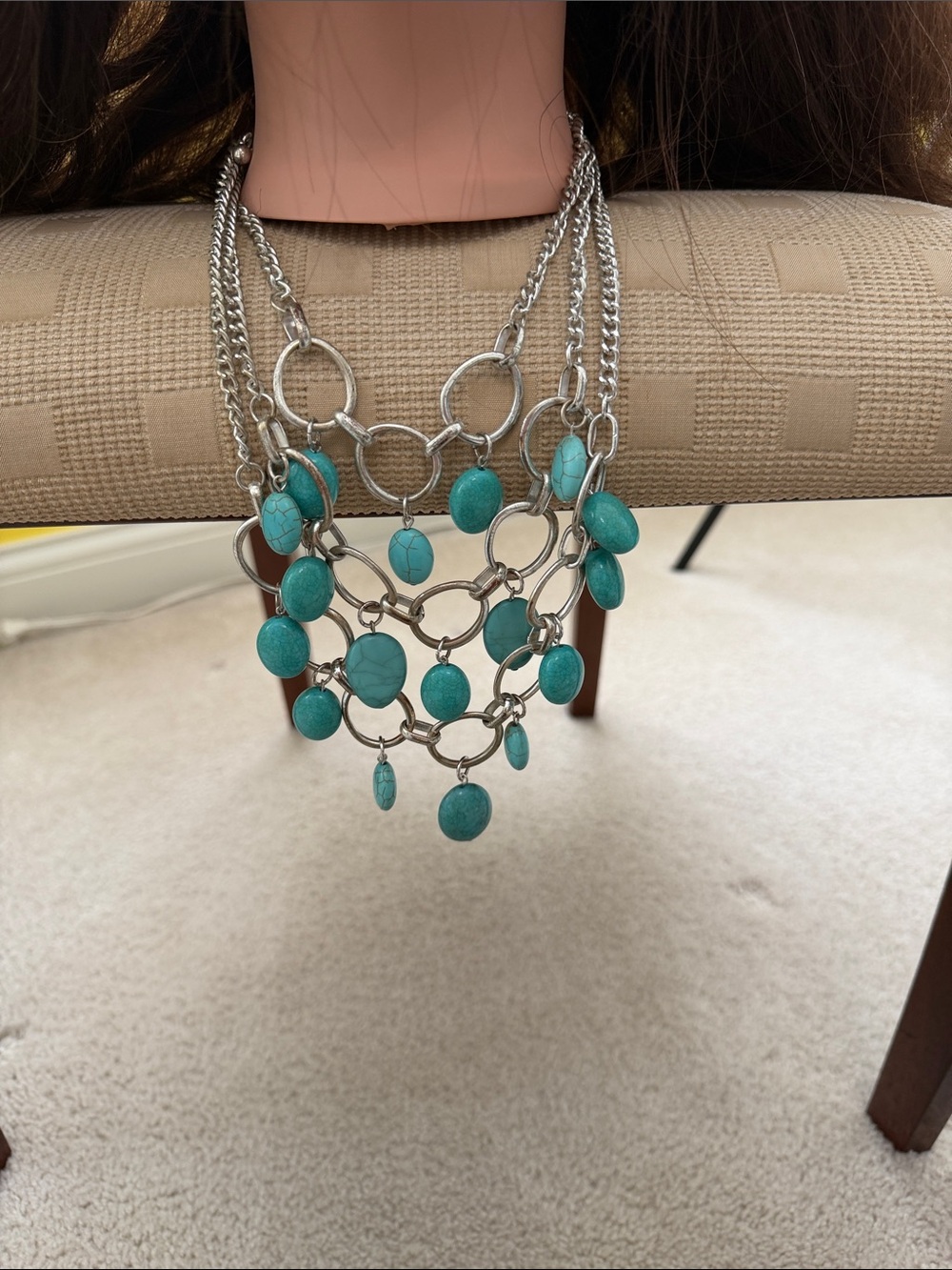 Turquoise Multi-Chain Statement Necklace - Silver Tone